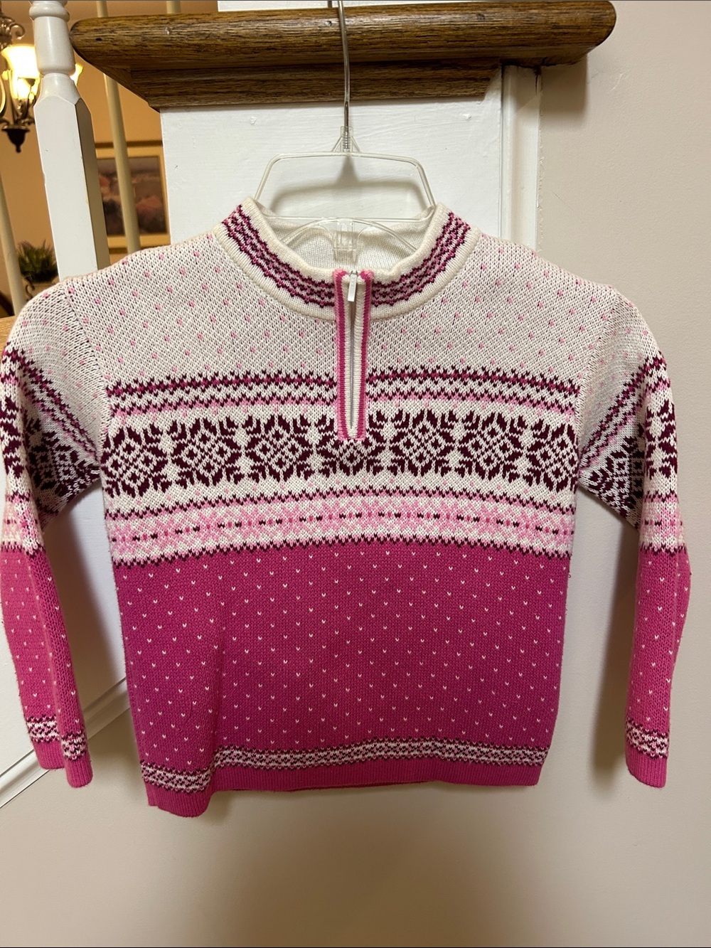 Hanna Andersson Pink & Cream Fair Isle Half-Zip Sweater